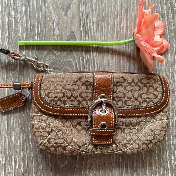 Coach Handbags - COACH Signature Buckle Flap Wristlet Brown